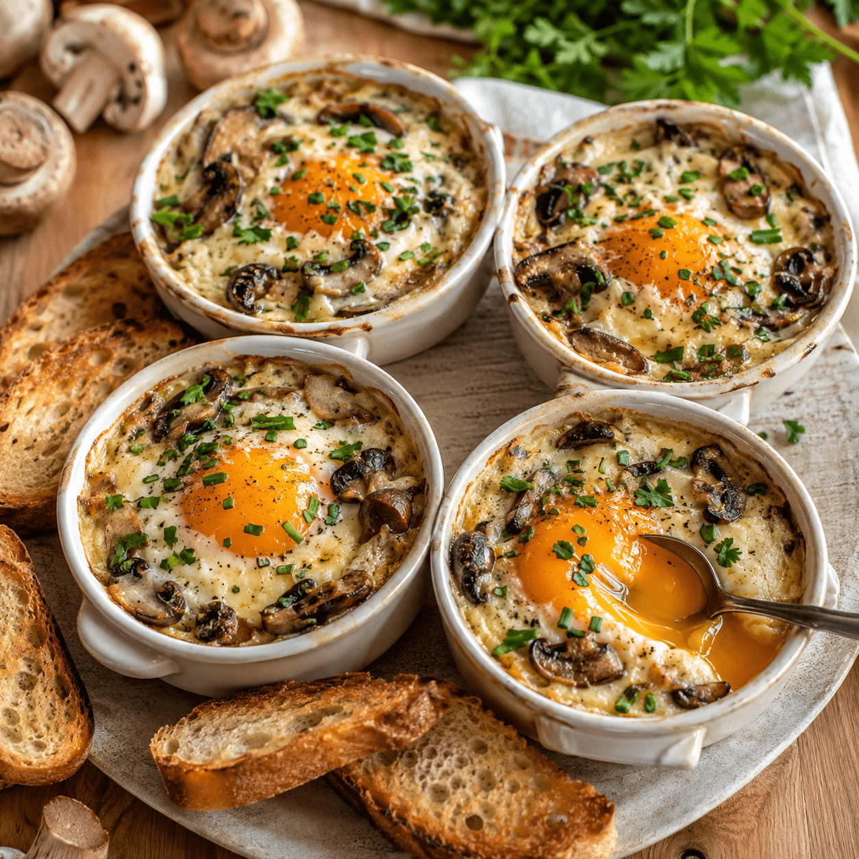 Œuf cocotte à la crème, aux champignons et au comté dans un ramequin, servi avec des mouillettes de pain grillé.