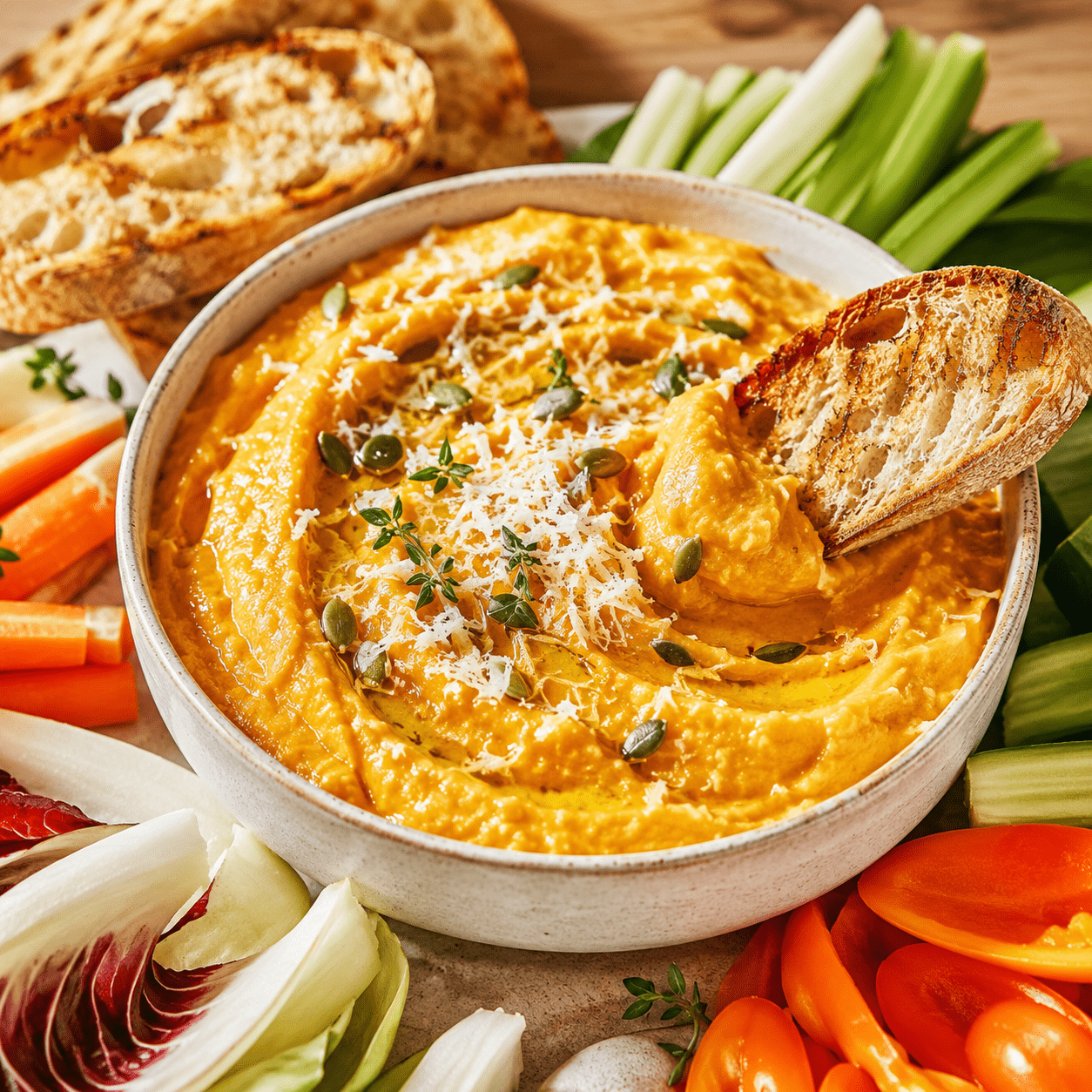Dip chaud de courge butternut rôtie et parmesan dans un plat gratiné, servi avec du pain grillé et des crudités.