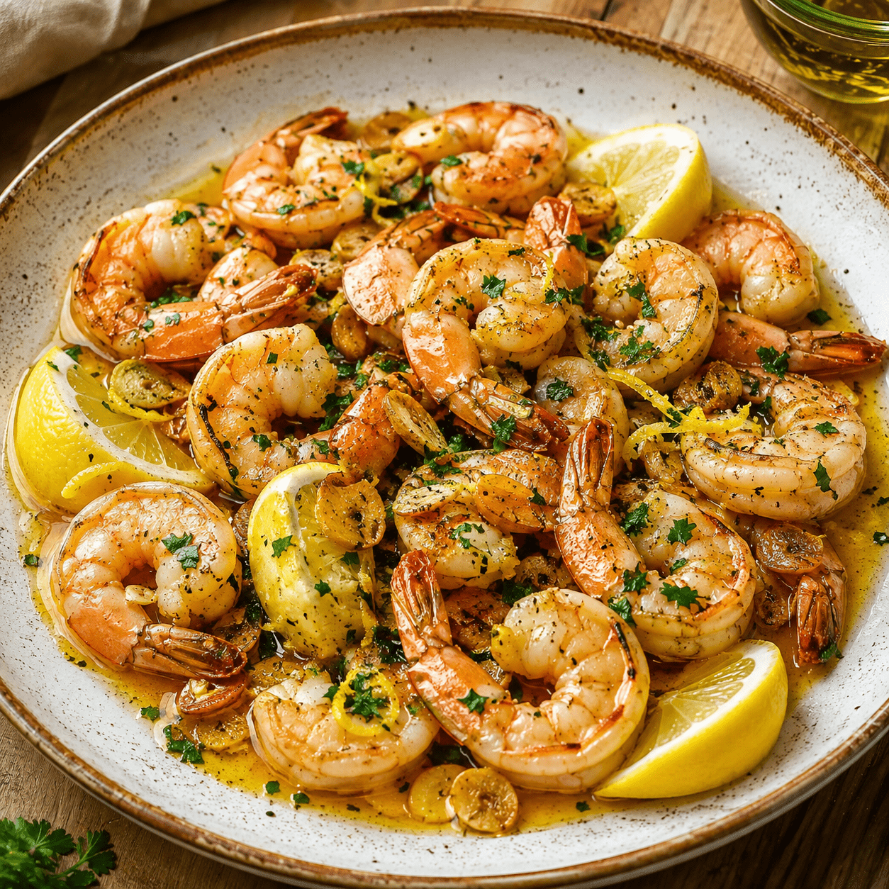 Crevettes poêlées à l’ail et au citron, nappées de beurre et parsemées de persil frais dans une poêle.
