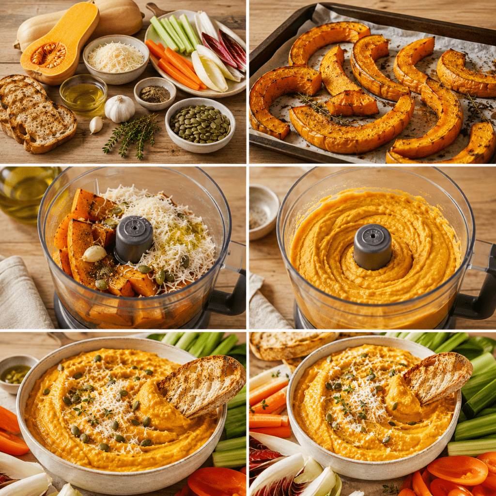 Dip chaud de courge butternut rôtie et parmesan dans un plat gratiné, servi avec du pain grillé et des crudités.