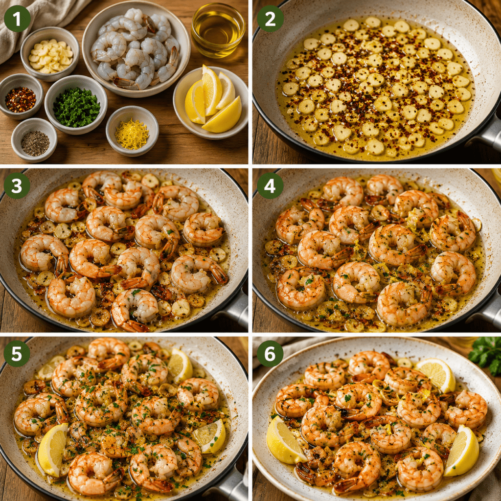 Crevettes poêlées à l’ail et au citron, nappées de beurre et parsemées de persil frais dans une poêle.