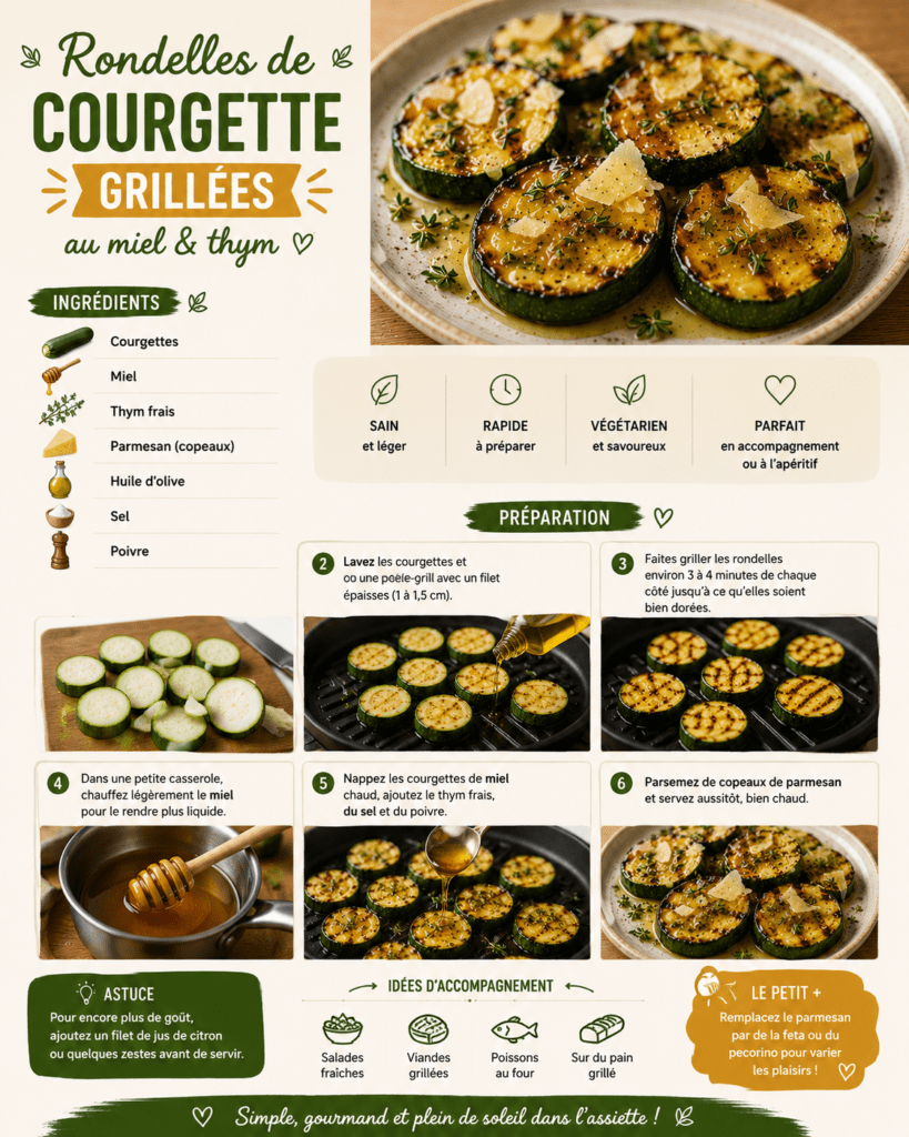 Rondelles épaisses de courgettes grillées et dorées, nappées de miel brillant, parsemées de thym frais et garnies de copeaux de parmesan.