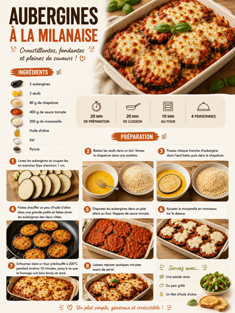 Aubergines milanaises panées et dorées, nappées de sauce tomate maison et recouvertes de mozzarella fondante gratinée dans un plat chaud sorti du four.
