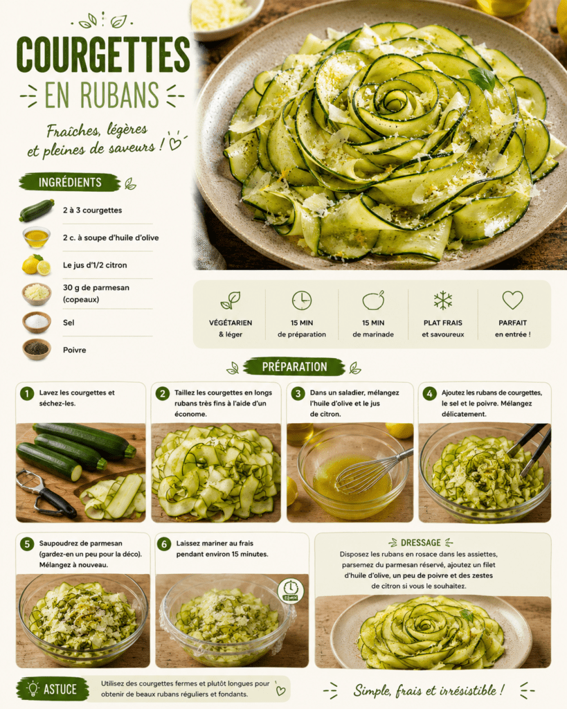Assiette de courgettes crues taillées en longs rubans fins et disposées en rosace, assaisonnées d’huile d’olive, de jus de citron, de parmesan râpé et de poivre noir.