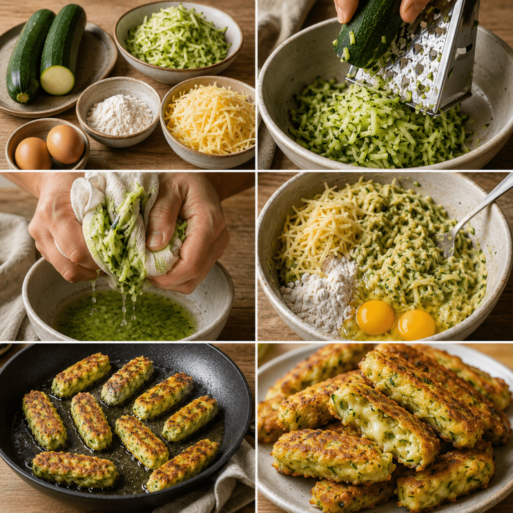 Frites de courgette maison dorées et croustillantes à la poêle, préparées avec des courgettes râpées, des œufs, de la farine et du fromage fondu.