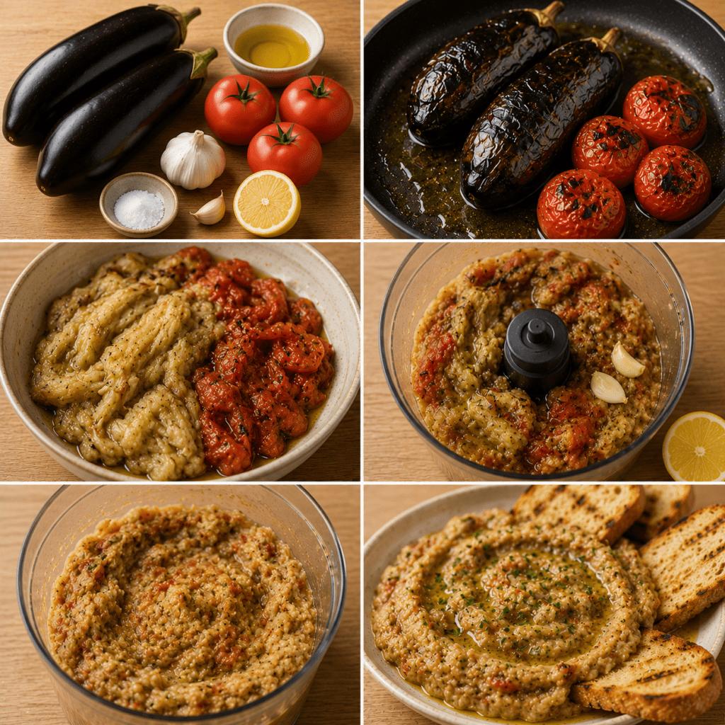 Purée rustique d’aubergines grillées et de tomates rôties servie sur des tranches de pain croustillant, avec huile d’olive, ail, citron et poivre noir.