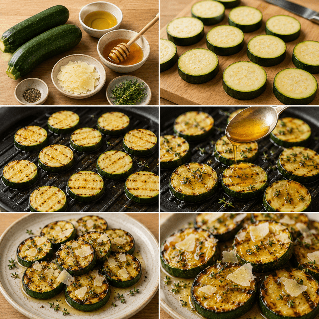 Rondelles épaisses de courgettes grillées et dorées, nappées de miel brillant, parsemées de thym frais et garnies de copeaux de parmesan.