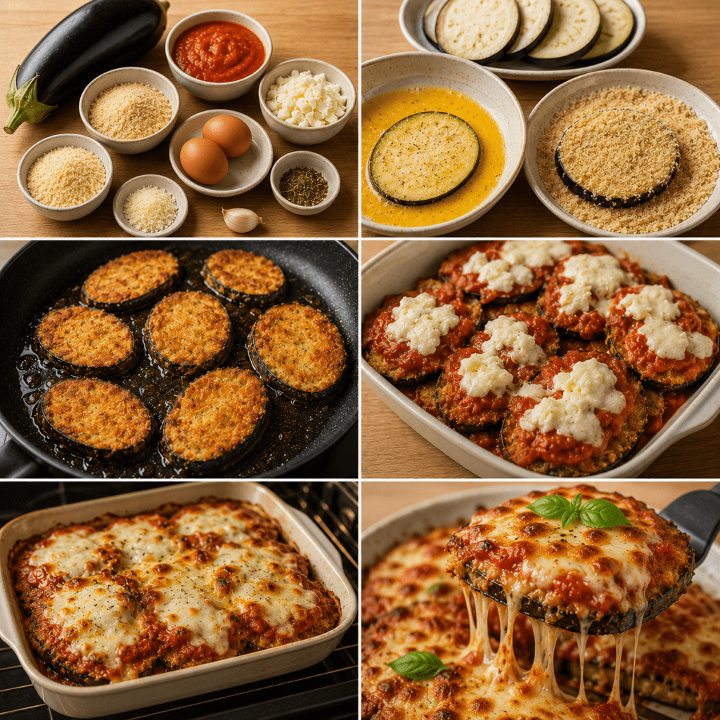 Aubergines milanaises panées et dorées, nappées de sauce tomate maison et recouvertes de mozzarella fondante gratinée dans un plat chaud sorti du four.