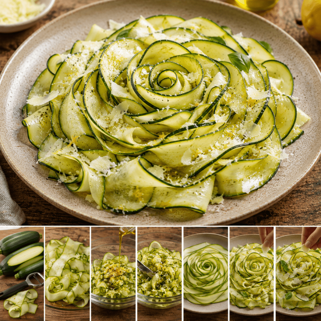 Assiette de courgettes crues taillées en longs rubans fins et disposées en rosace, assaisonnées d’huile d’olive, de jus de citron, de parmesan râpé et de poivre noir.