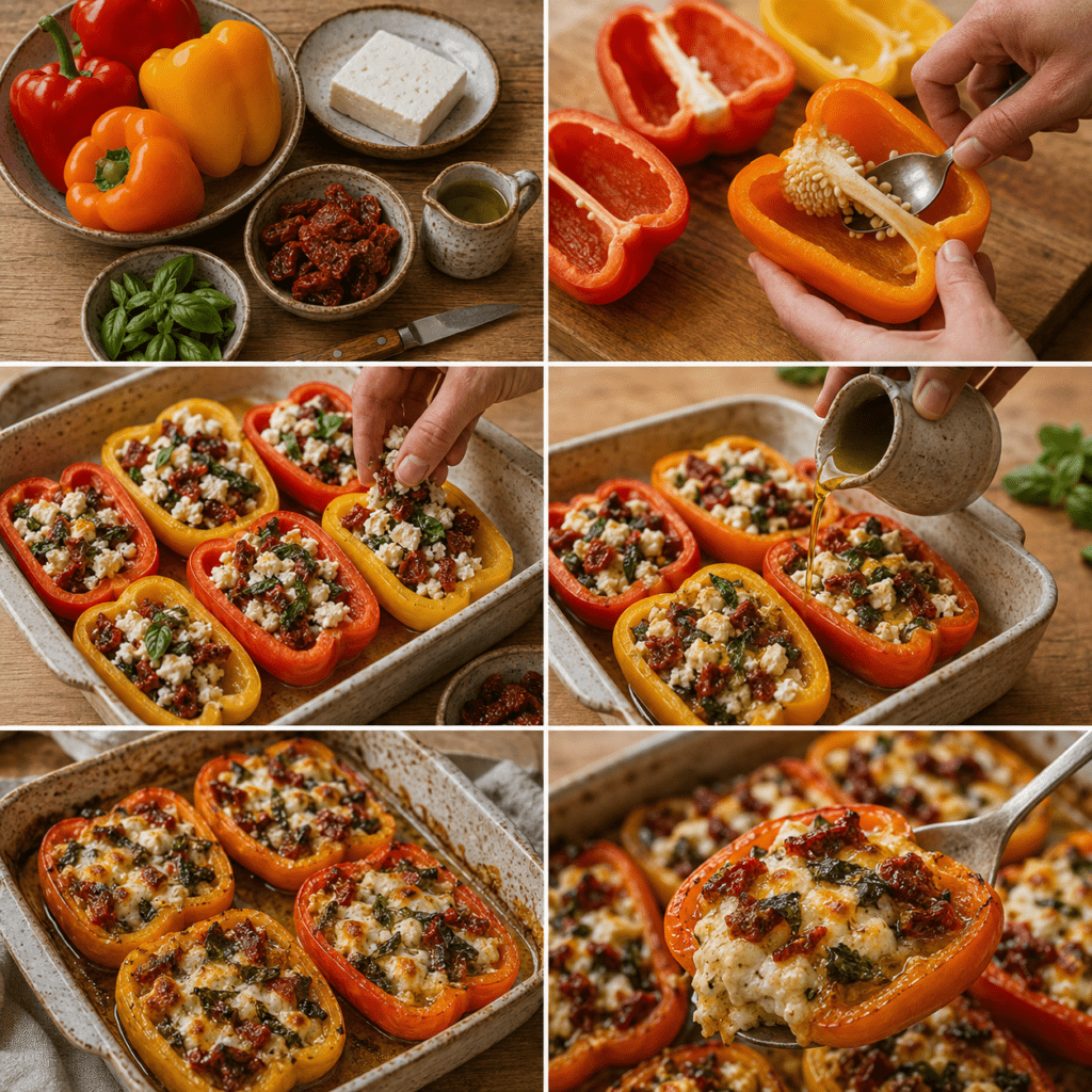 Demi-poivrons rôtis au four garnis de feta légèrement dorée, de tomates séchées et de basilic frais, avec un filet d’huile d’olive.
