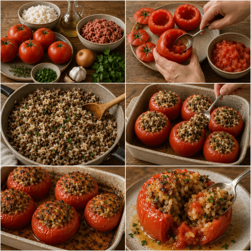 Cinq grosses tomates farcies au riz et à la viande hachée, garnies d’oignon et d’herbes fraîches, dorées au four dans un plat avec un filet d’huile d’olive.