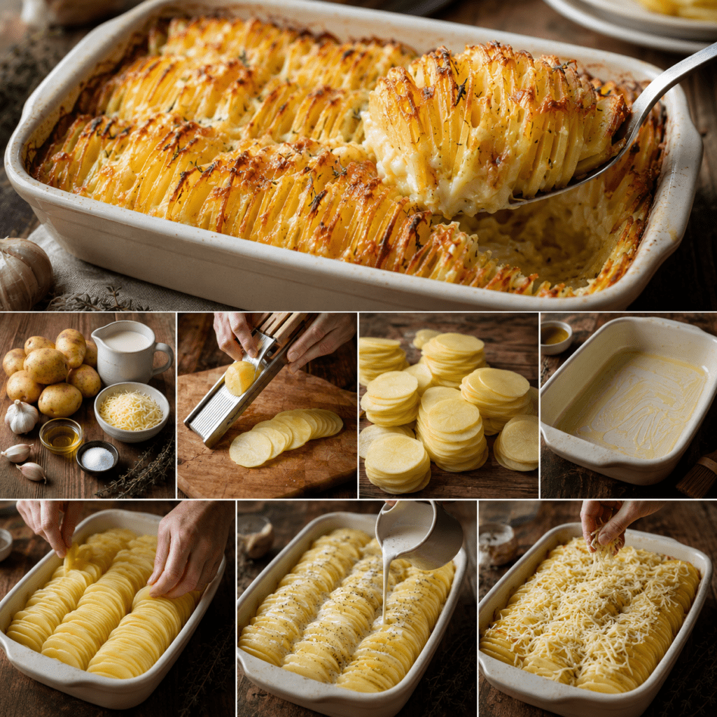 Plat de pommes de terre gratinées au four, coupées en fines tranches et disposées debout façon mille-feuille, avec crème, ail et fromage doré.