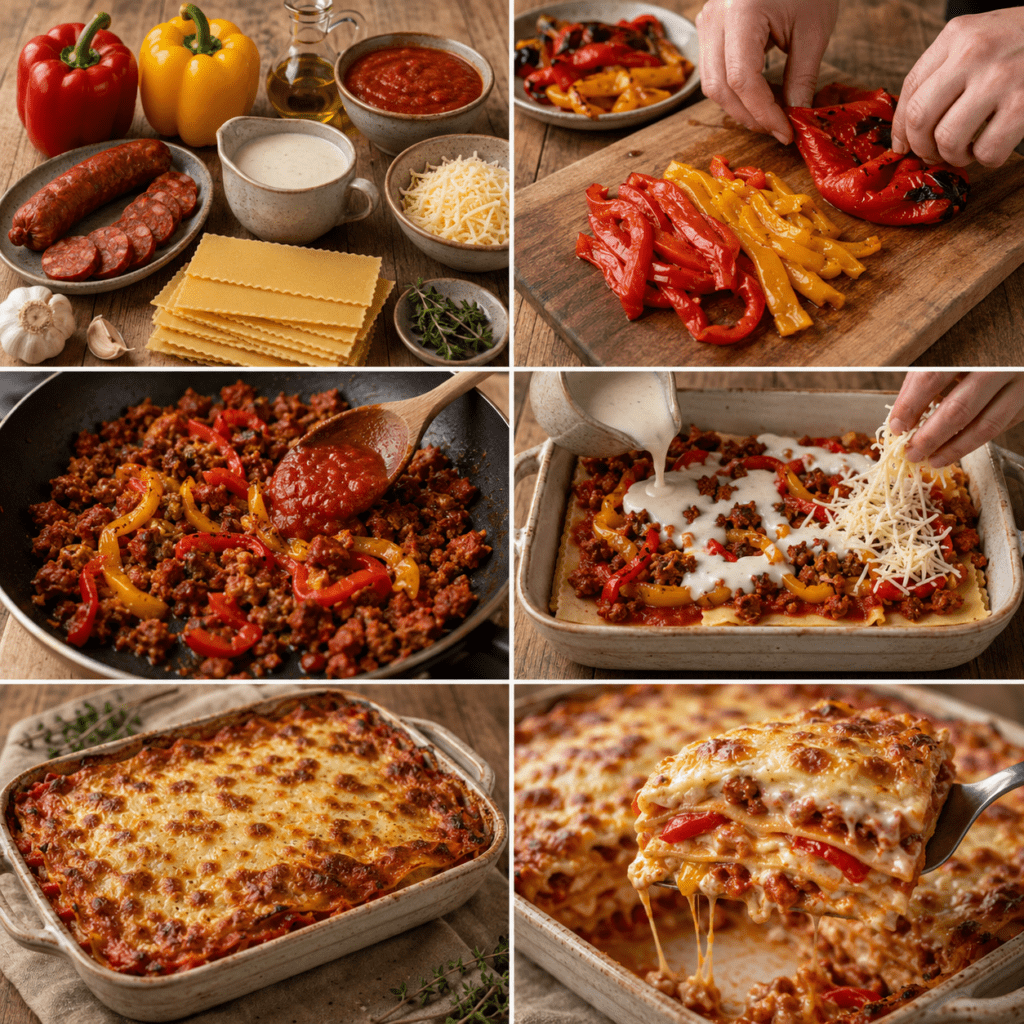Plat de lasagnes d’été aux poivrons rôtis et chorizo, nappées de sauce tomate et de béchamel légère, avec une généreuse couche de fromage doré et gratiné.