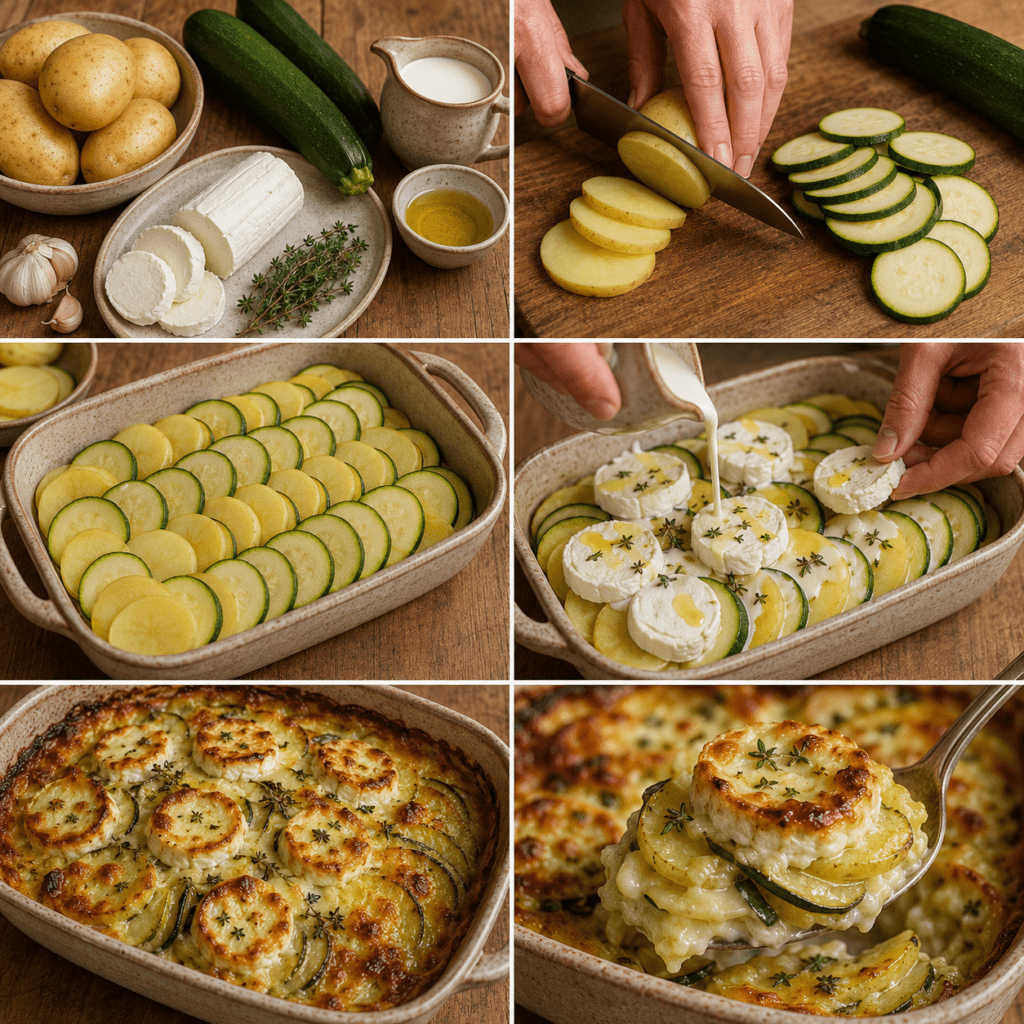 Gratin de pommes de terre et courgettes en fines rondelles, garni de fromage de chèvre doré et fondant, avec crème et huile d’olive dans un plat au four.