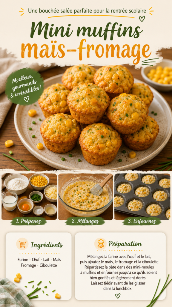 Mini muffins salés au maïs et au fromage fraîchement cuits, dorés et moelleux, présentés dans une lunchbox avec quelques crudités pour un repas de rentrée scolaire.