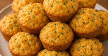 Mini muffins salés au maïs et au fromage fraîchement cuits, dorés et moelleux, présentés dans une lunchbox avec quelques crudités pour un repas de rentrée scolaire.