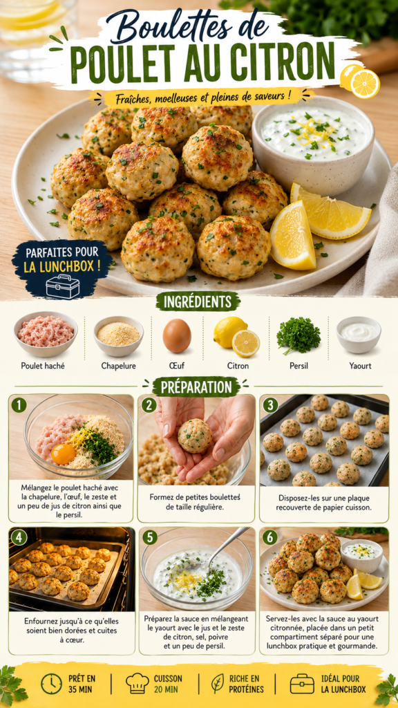 Boulettes de poulet au citron dorées au four, accompagnées d’une sauce crémeuse au yaourt et au citron dans une lunchbox avec quelques crudités fraîches.