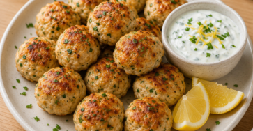 Boulettes de poulet au citron dorées au four, accompagnées d’une sauce crémeuse au yaourt et au citron dans une lunchbox avec quelques crudités fraîches.