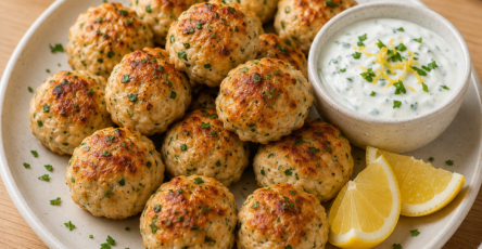 Boulettes de poulet au citron dorées au four, accompagnées d’une sauce crémeuse au yaourt et au citron dans une lunchbox avec quelques crudités fraîches.
