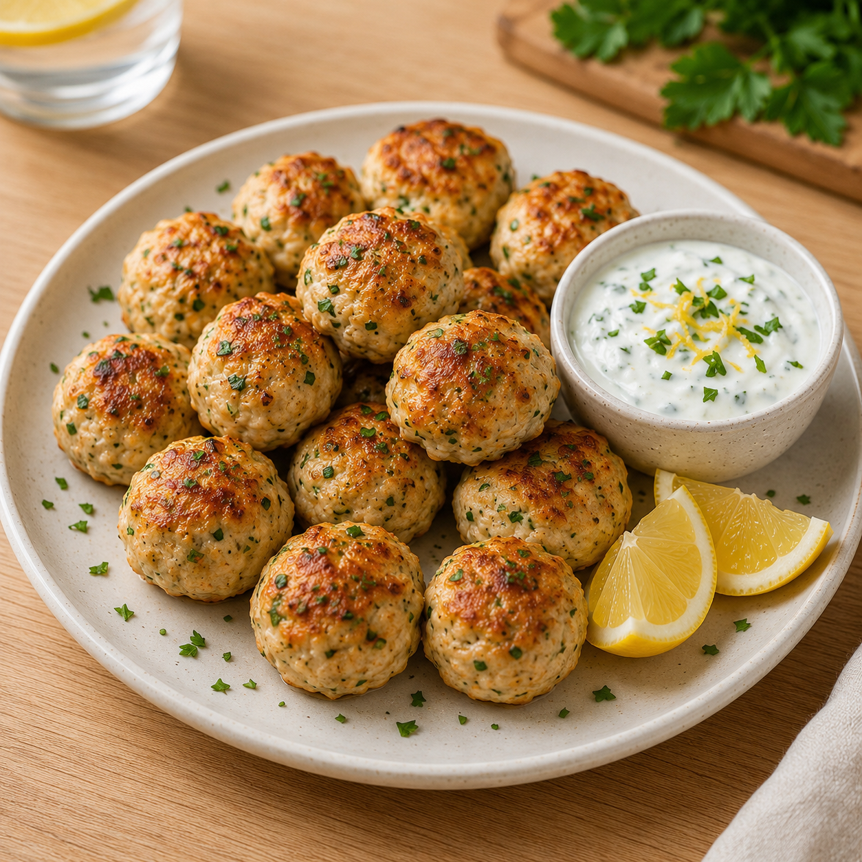 Boulettes de poulet au citron dorées au four, accompagnées d’une sauce crémeuse au yaourt et au citron dans une lunchbox avec quelques crudités fraîches.