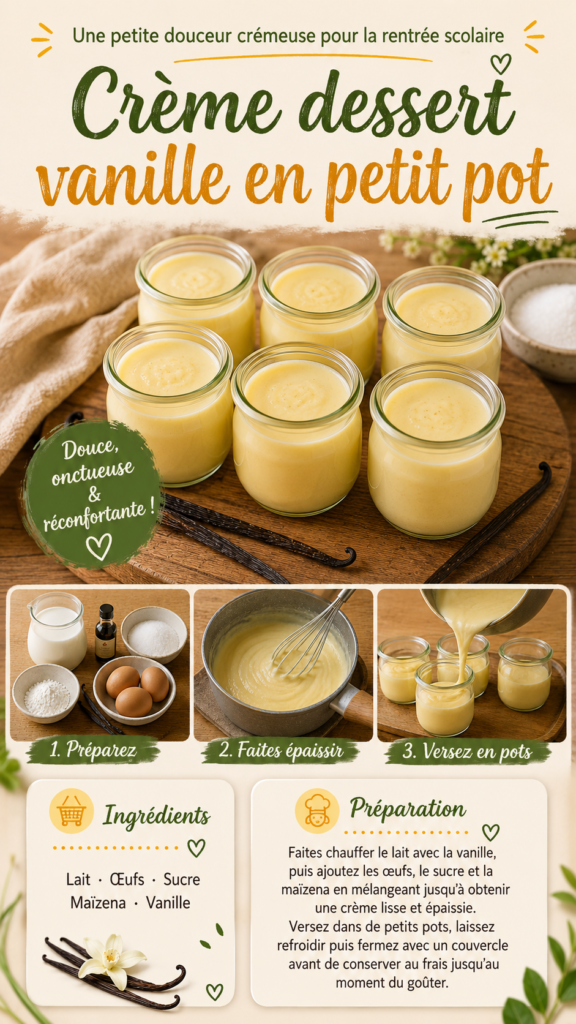 Petits pots de crème dessert maison à la vanille, lisses et onctueux, servis frais dans de petits contenants individuels pour un goûter de rentrée scolaire.