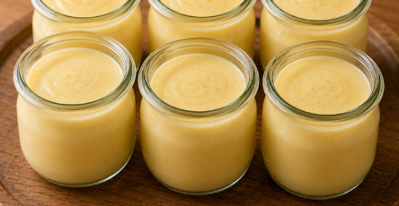 Petits pots de crème dessert maison à la vanille, lisses et onctueux, servis frais dans de petits contenants individuels pour un goûter de rentrée scolaire.