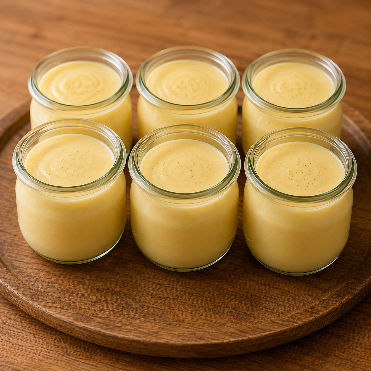 Petits pots de crème dessert maison à la vanille, lisses et onctueux, servis frais dans de petits contenants individuels pour un goûter de rentrée scolaire.
