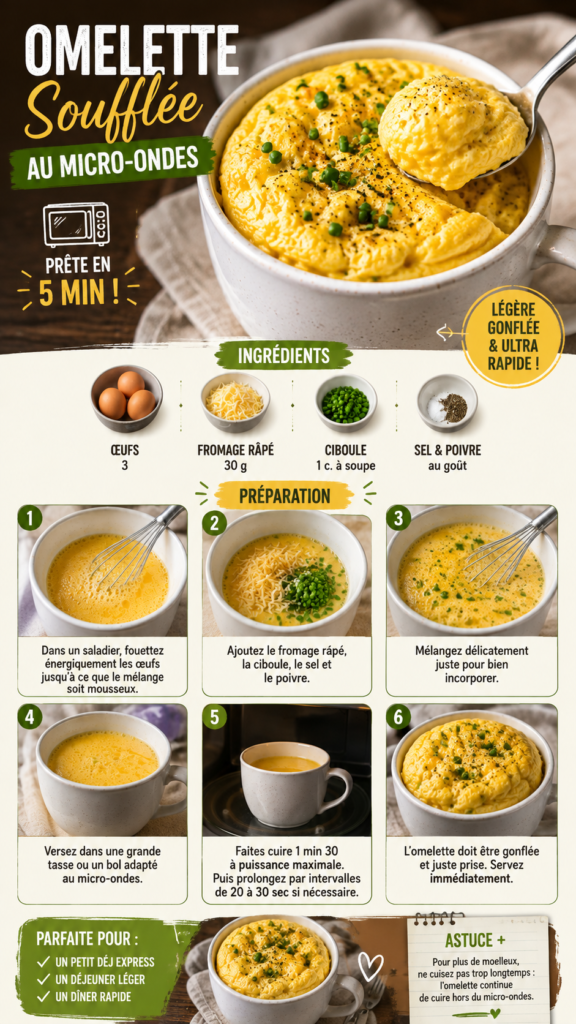 Omelette soufflée au micro-ondes, bien gonflée et moelleuse, garnie de fromage fondu et de ciboule fraîche dans un petit récipient individuel.