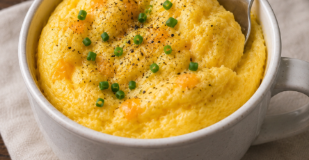 Omelette soufflée au micro-ondes, bien gonflée et moelleuse, garnie de fromage fondu et de ciboule fraîche dans un petit récipient individuel.