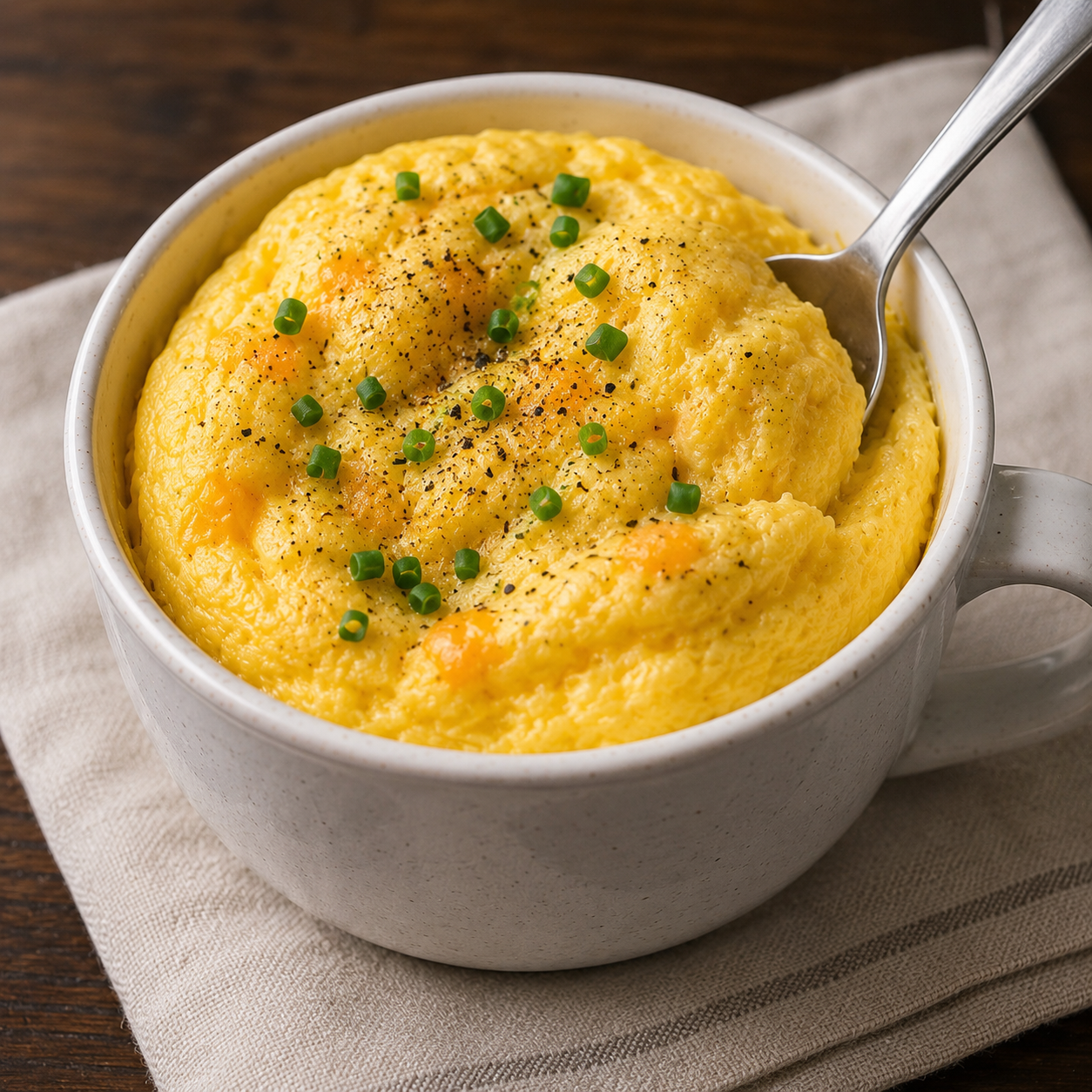 Omelette soufflée au micro-ondes, bien gonflée et moelleuse, garnie de fromage fondu et de ciboule fraîche dans un petit récipient individuel.