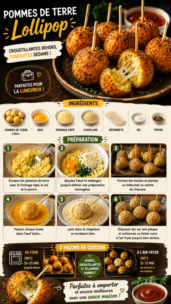 Pommes de terre lollipop dorées et croustillantes, préparées avec purée de pommes de terre, fromage râpé et chapelure, servies sur des bâtonnets.
