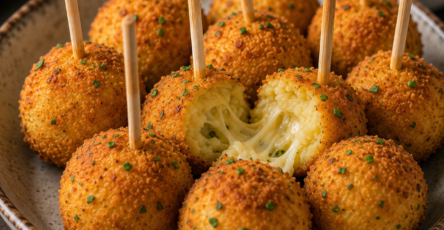 Pommes de terre lollipop dorées et croustillantes, préparées avec purée de pommes de terre, fromage râpé et chapelure, servies sur des bâtonnets.