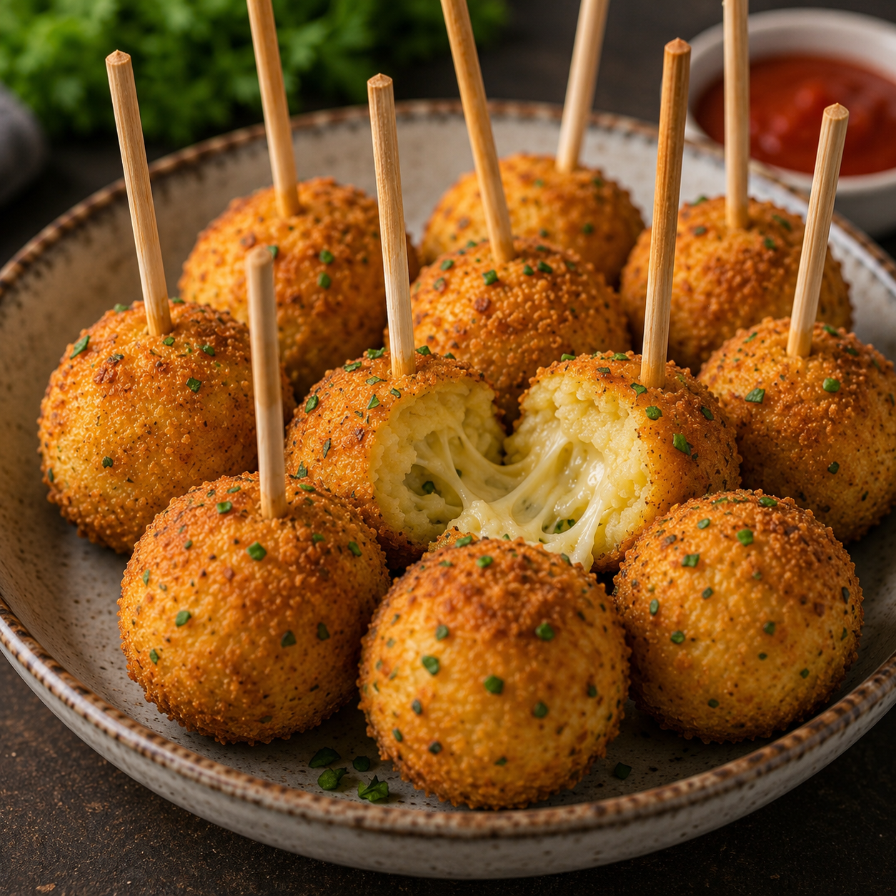 Pommes de terre lollipop dorées et croustillantes, préparées avec purée de pommes de terre, fromage râpé et chapelure, servies sur des bâtonnets.