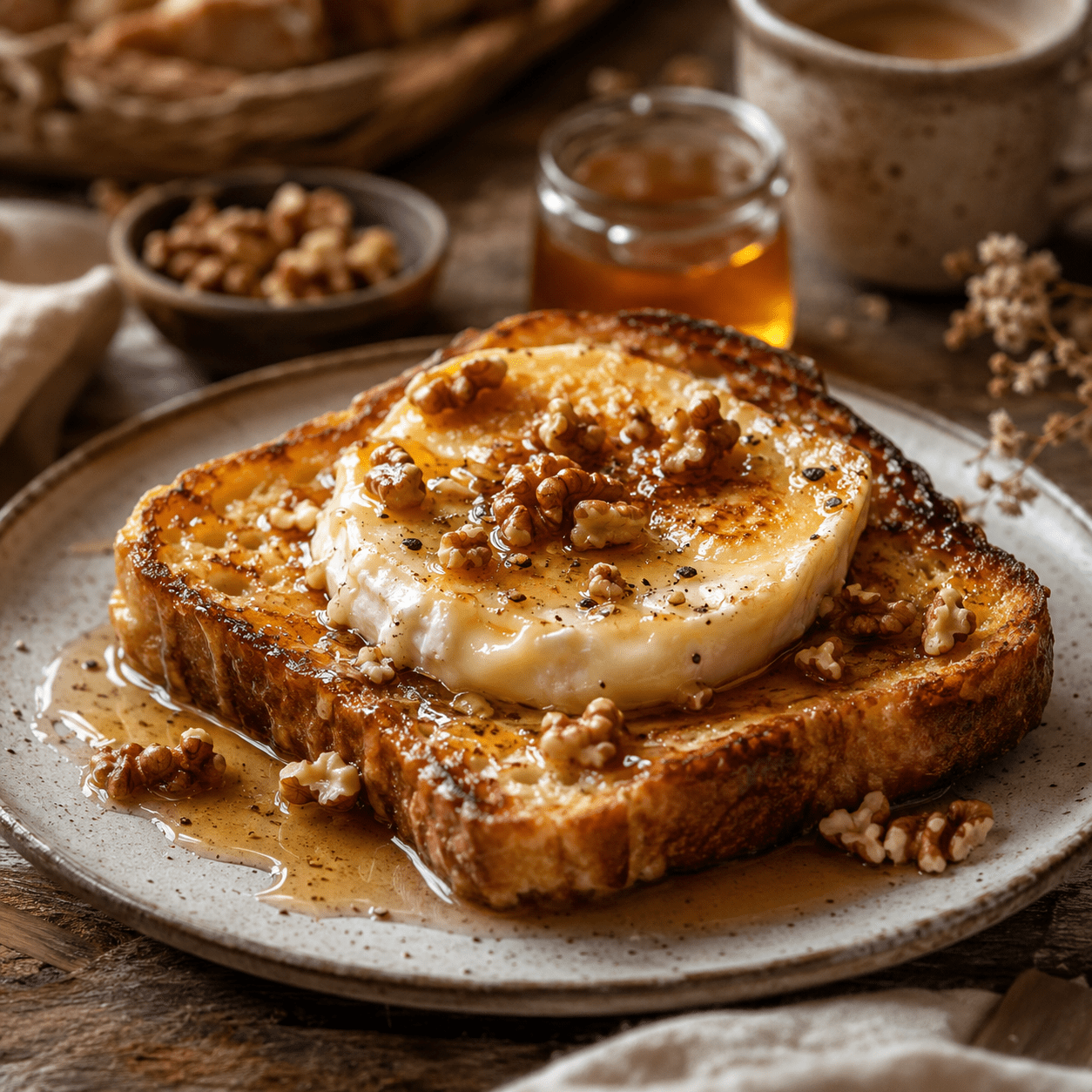 Tranches épaisses de pain perdu dorées à la poêle, garnies de chèvre frais légèrement gratiné, d’un filet de miel brillant, de thym et de noix concassées.