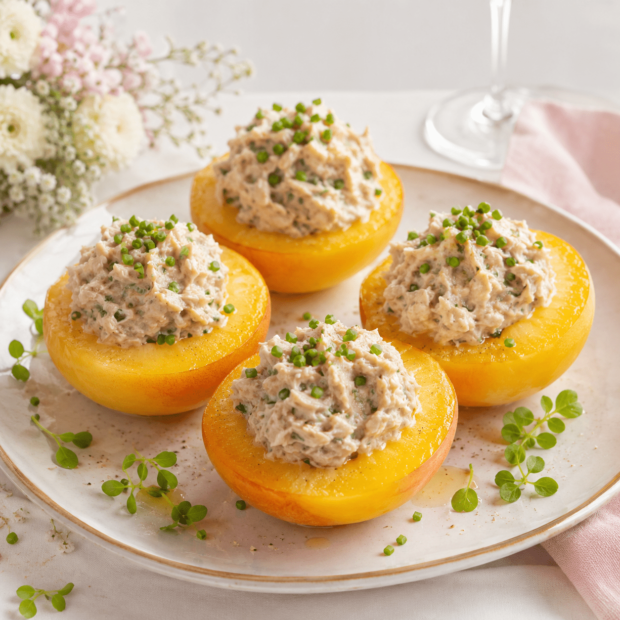 Demi-pêches jaunes garnies d’une préparation crémeuse au thon et à la mayonnaise, décorées de ciboulette, de persil frais et de poivre, servies froides sur un lit de salade verte.