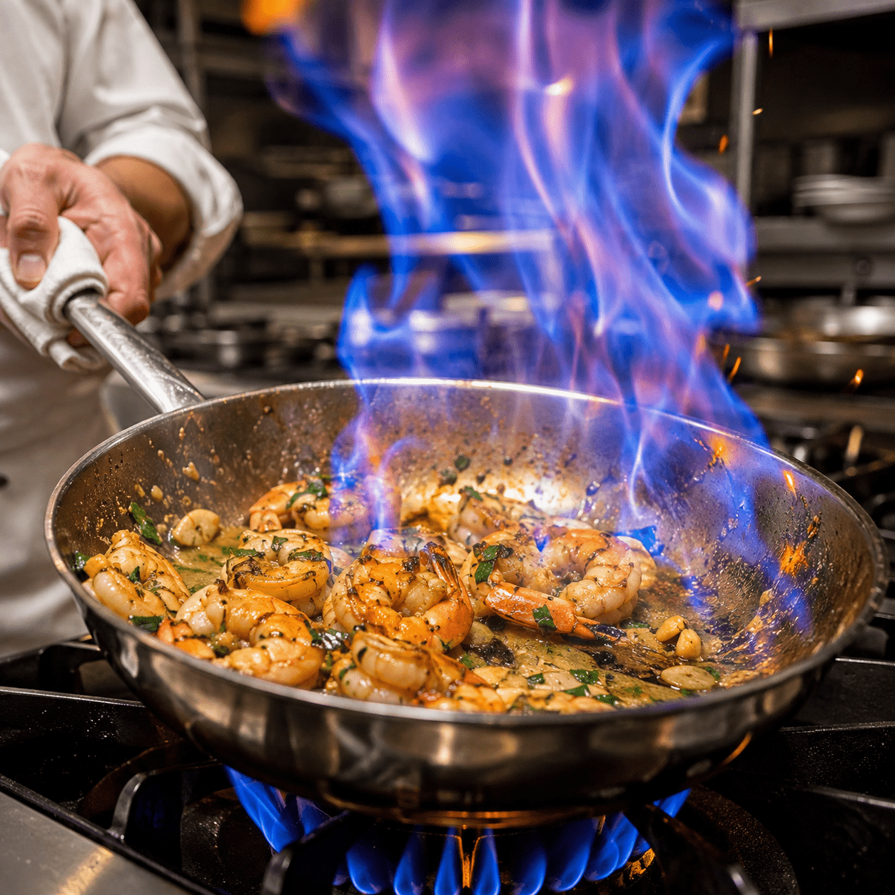 Crevettes au pastis roses flambées au pastis dans une poêle, enrobées d’une sauce brillante à l’ail, au persil et aux herbes provençales, servies avec du citron.
