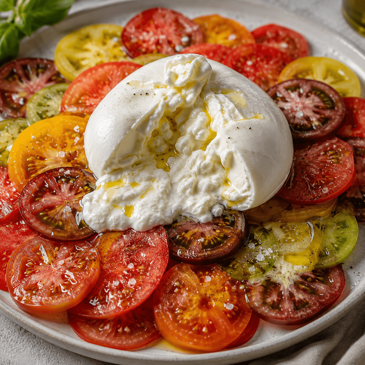 Burrata crémeuse déposée au centre d’un carpaccio de tomates anciennes rouges, jaunes, vertes et orangées, assaisonné d’huile d’olive, de basilic frais et de poivre noir.