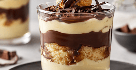 Éclair au chocolat déstructuré servi dans une verrine transparente, composé de couches de biscuits moelleux, de crème pâtissière vanillée et de ganache au chocolat brillante.