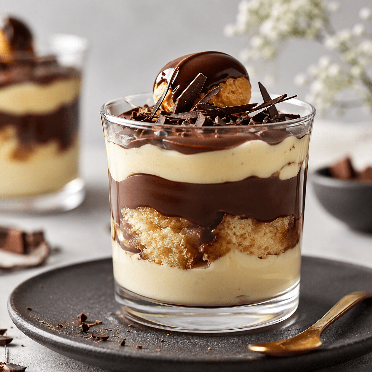 Éclair au chocolat déstructuré servi dans une verrine transparente, composé de couches de biscuits moelleux, de crème pâtissière vanillée et de ganache au chocolat brillante.