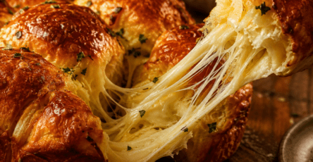 Brioche pull-apart dorée composée de boules moelleuses serrées les unes contre les autres, dont une portion est détachée pour révéler un cœur de Comté fondu et filant.