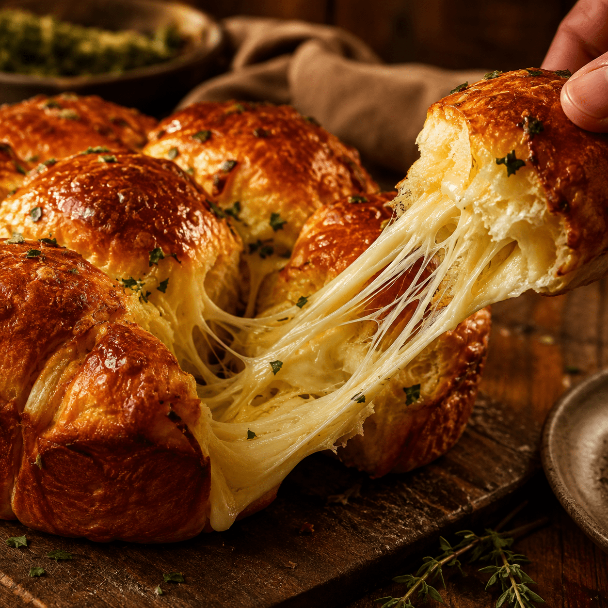 Brioche pull-apart dorée composée de boules moelleuses serrées les unes contre les autres, dont une portion est détachée pour révéler un cœur de Comté fondu et filant.