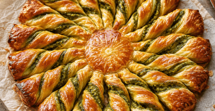 Tarte soleil au pesto composée de deux pâtes feuilletées dorées, découpées en rayons torsadés laissant apparaître une garniture verte, servie sur du papier cuisson.