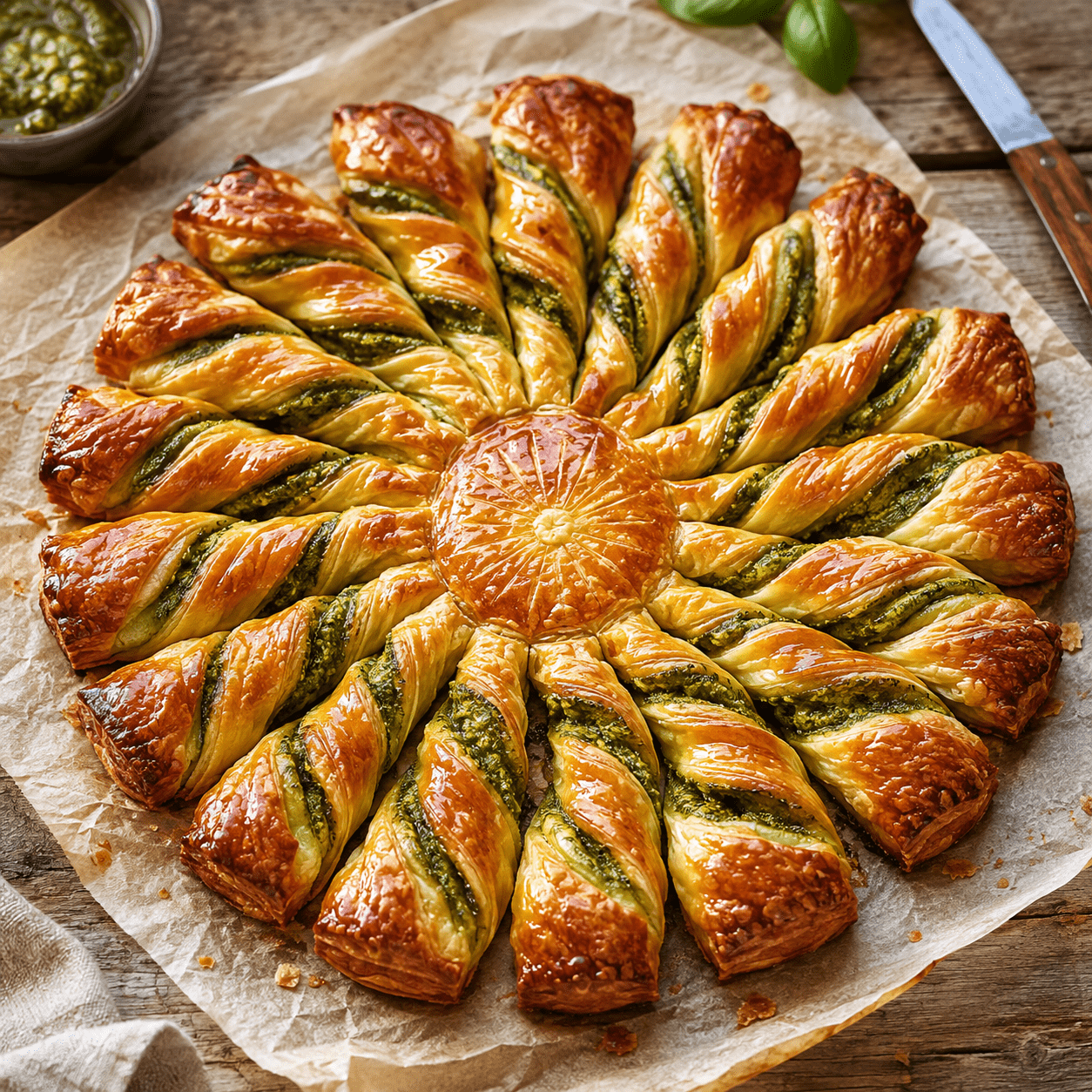 Tarte soleil au pesto composée de deux pâtes feuilletées dorées, découpées en rayons torsadés laissant apparaître une garniture verte, servie sur du papier cuisson.
