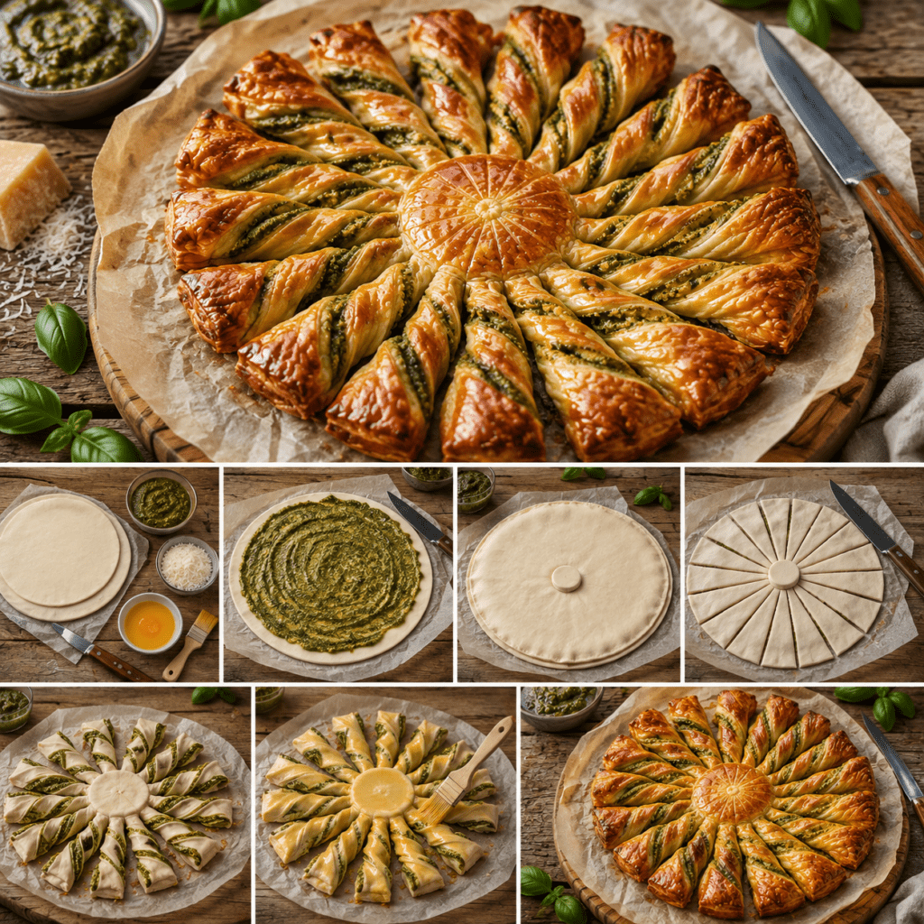 Tarte soleil au pesto composée de deux pâtes feuilletées dorées, découpées en rayons torsadés laissant apparaître une garniture verte, servie sur du papier cuisson.