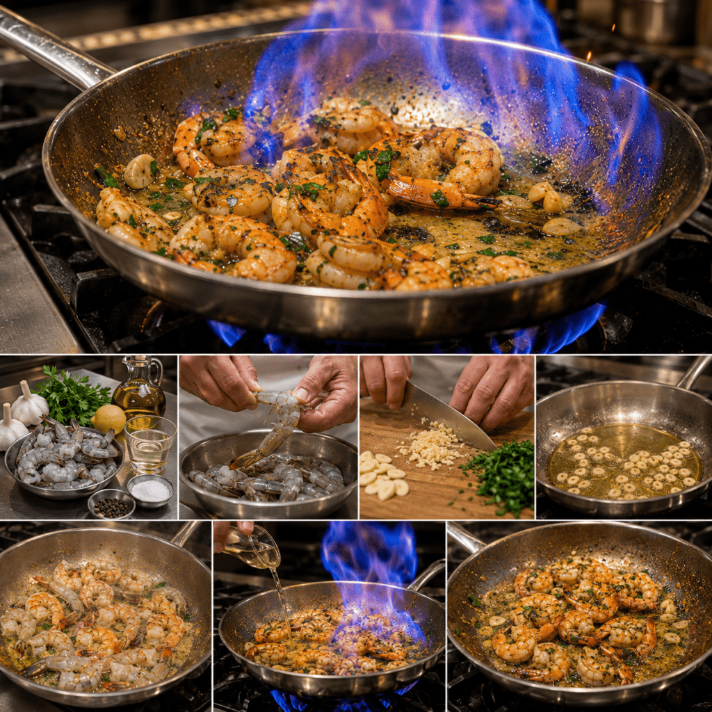 Crevettes au pastis roses flambées au pastis dans une poêle, enrobées d’une sauce brillante à l’ail, au persil et aux herbes provençales, servies avec du citron.