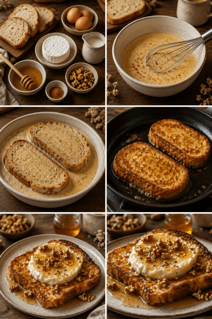 Tranches épaisses de pain perdu dorées à la poêle, garnies de chèvre frais légèrement gratiné, d’un filet de miel brillant, de thym et de noix concassées.