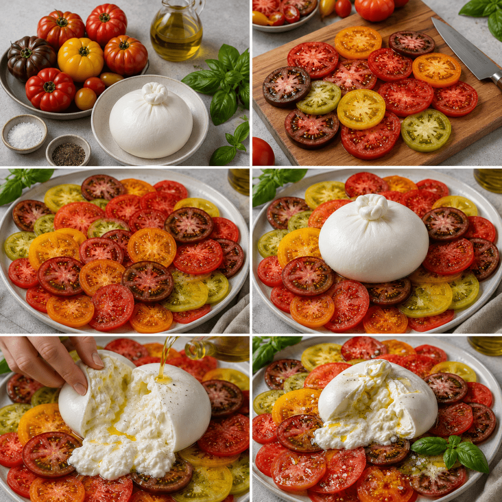 Burrata crémeuse déposée au centre d’un carpaccio de tomates anciennes rouges, jaunes, vertes et orangées, assaisonné d’huile d’olive, de basilic frais et de poivre noir.