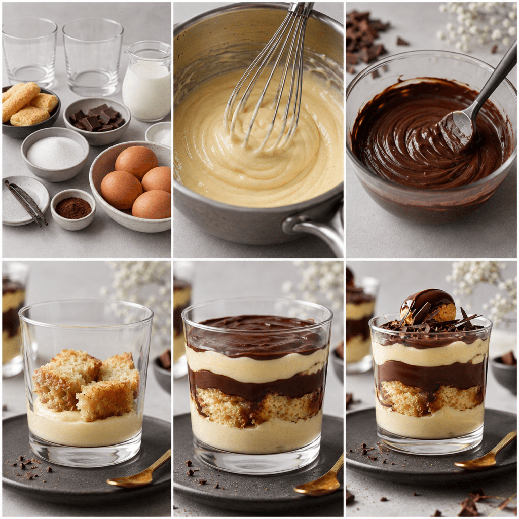 Éclair au chocolat déstructuré servi dans une verrine transparente, composé de couches de biscuits moelleux, de crème pâtissière vanillée et de ganache au chocolat brillante.