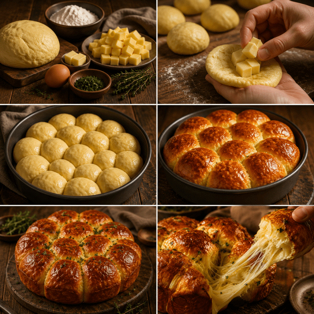 Brioche pull-apart dorée composée de boules moelleuses serrées les unes contre les autres, dont une portion est détachée pour révéler un cœur de Comté fondu et filant.