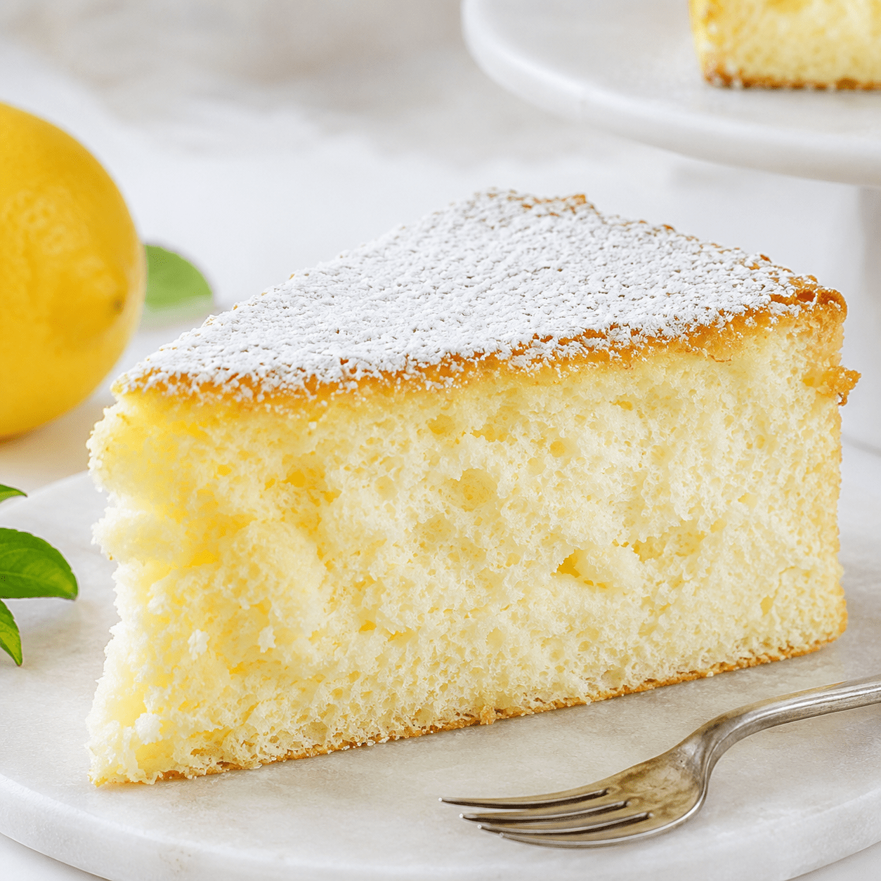 Gâteau nuage au citron très haut et aérien, légèrement doré, découpé pour révéler une mie blanche et mousseuse, décoré de sucre glace et de zestes de citron.